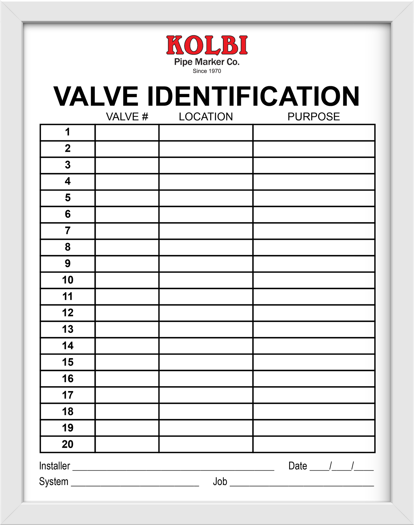 Valve Tag Chart Frames